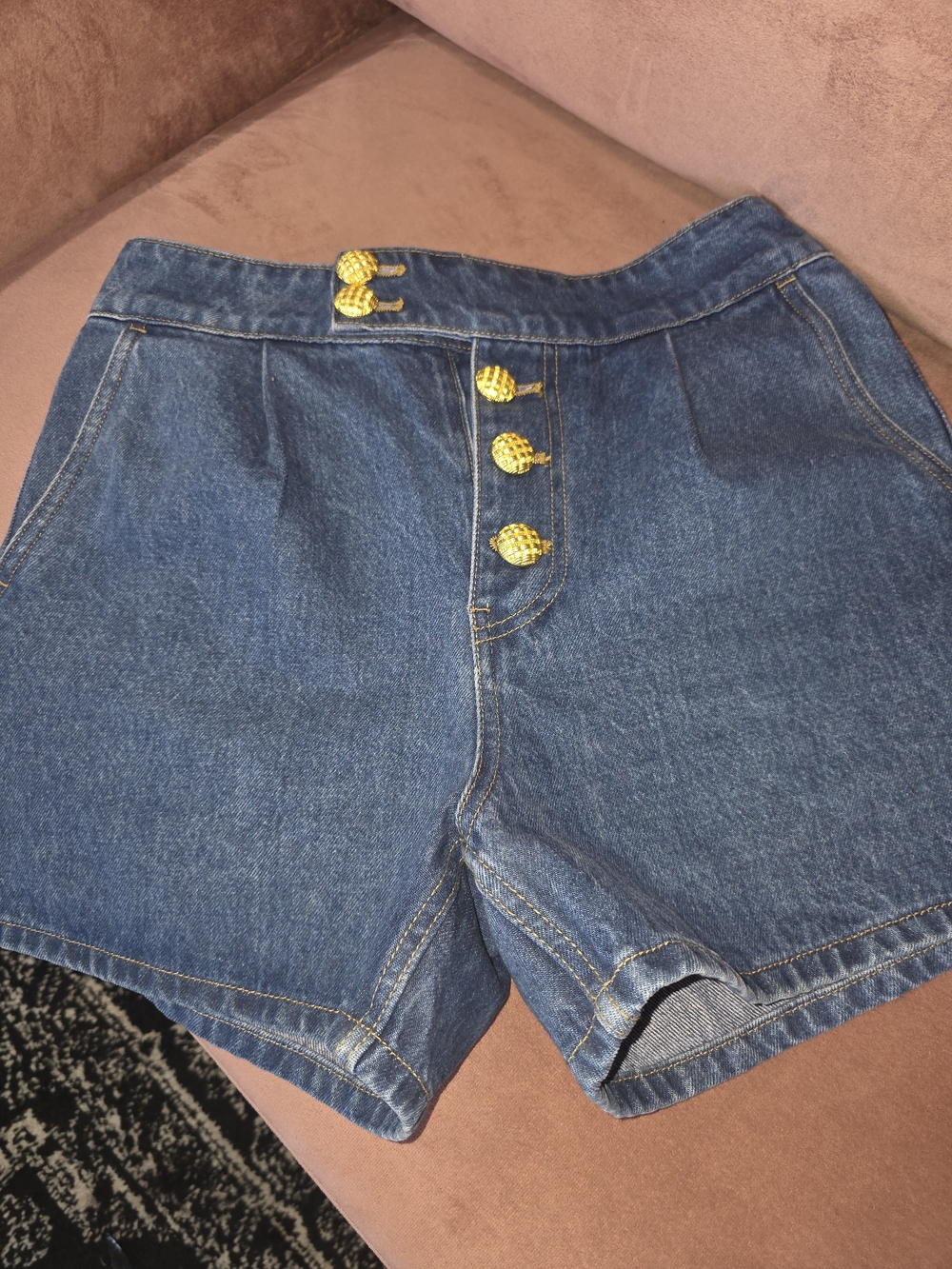 English Factory Dark Blue Denim High-Waist Shorts with Gold Buttons